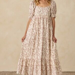 Elegant Floral Maxi Dress in Cream and Pink